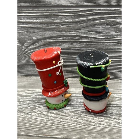 Whimsical Snowman Head Tall Top Hat Clay Christmas Ornaments 3.25” Set Of 2 - Picture 8 of 10